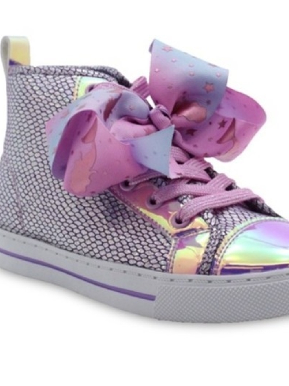 JoJo Siwa Iridescent Lavender High-Top Sneakers with Pastel Rainbow Bow